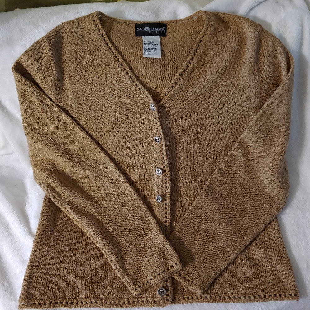Sag Harbor Sweater Cardigan Camel. Petite Large